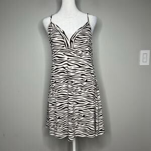 VTG Y2K Brown White Zebra Print Dress Babydoll Going Out Dress Sz M Indie Sleaze